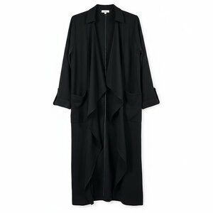 LUSH Black Waterfall Duster Coat Roll Tab Sleeve Open Cascading Collar Trench S